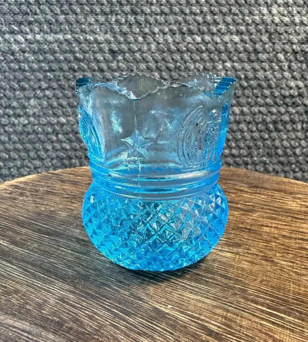 Albert Botson Blue Glass Toothpick Holder Eagles and Stars Pattern GLOWS